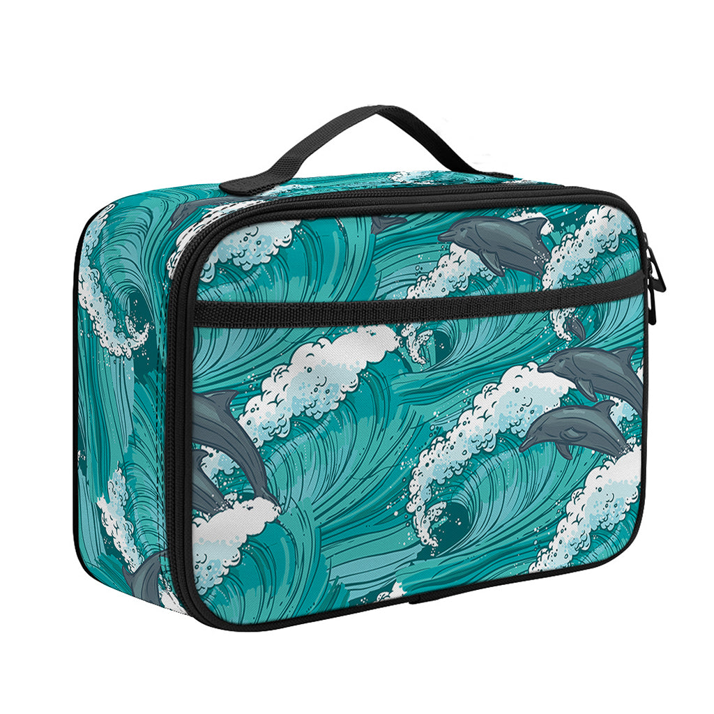 Dolphin Riding Waves Pattern Print Portable Lunch Bag