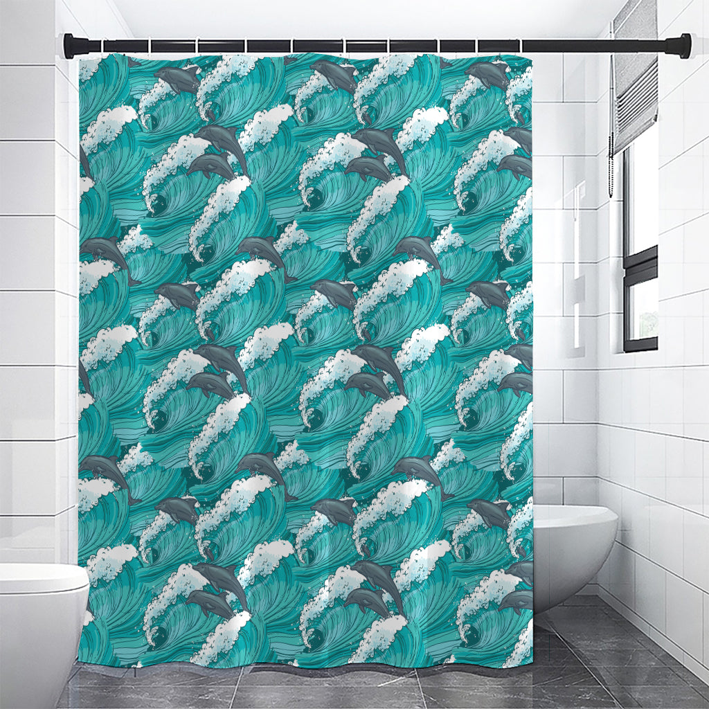 Dolphin Riding Waves Pattern Print Premium Shower Curtain