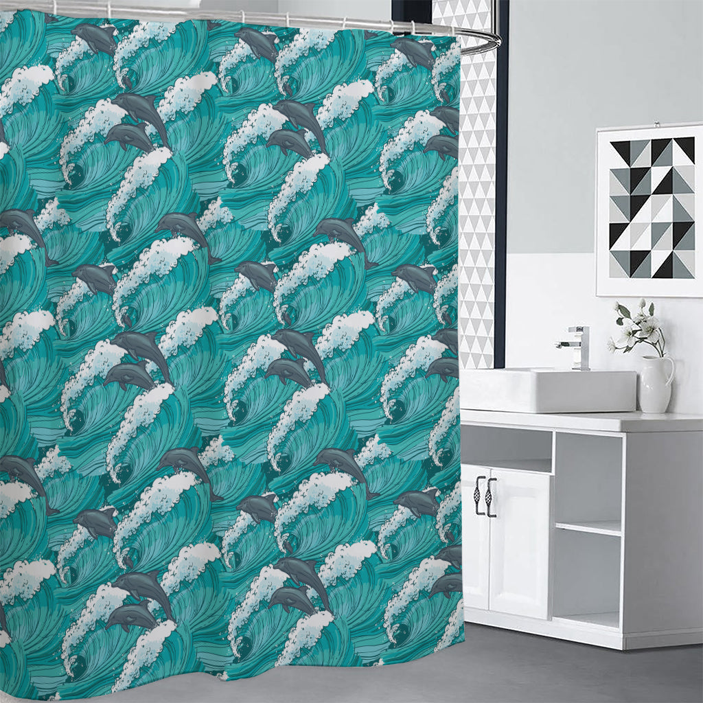 Dolphin Riding Waves Pattern Print Premium Shower Curtain