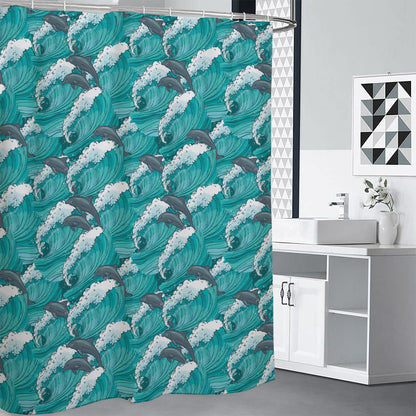 Dolphin Riding Waves Pattern Print Premium Shower Curtain