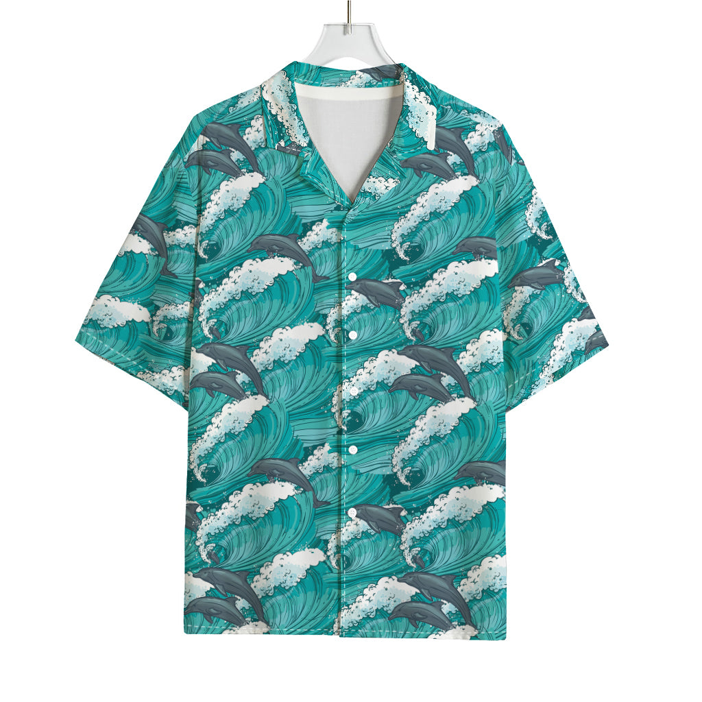 Dolphin Riding Waves Pattern Print Rayon Hawaiian Shirt
