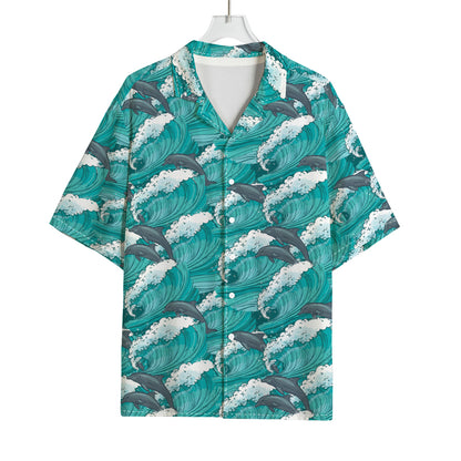 Dolphin Riding Waves Pattern Print Rayon Hawaiian Shirt
