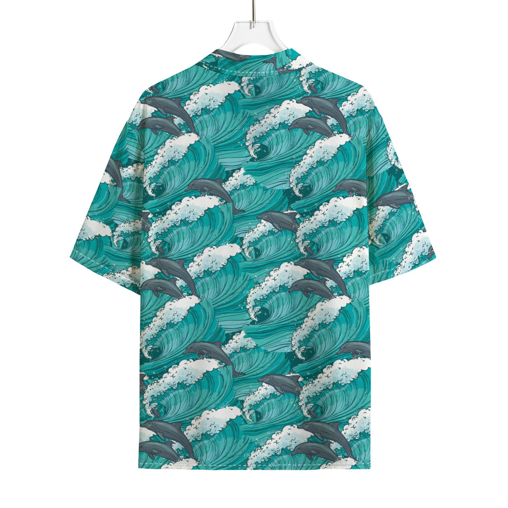 Dolphin Riding Waves Pattern Print Rayon Hawaiian Shirt