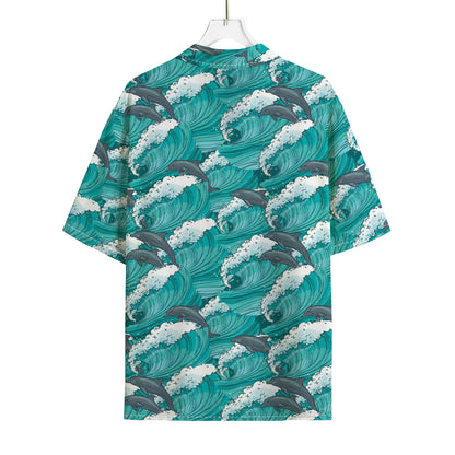 Dolphin Riding Waves Pattern Print Rayon Hawaiian Shirt