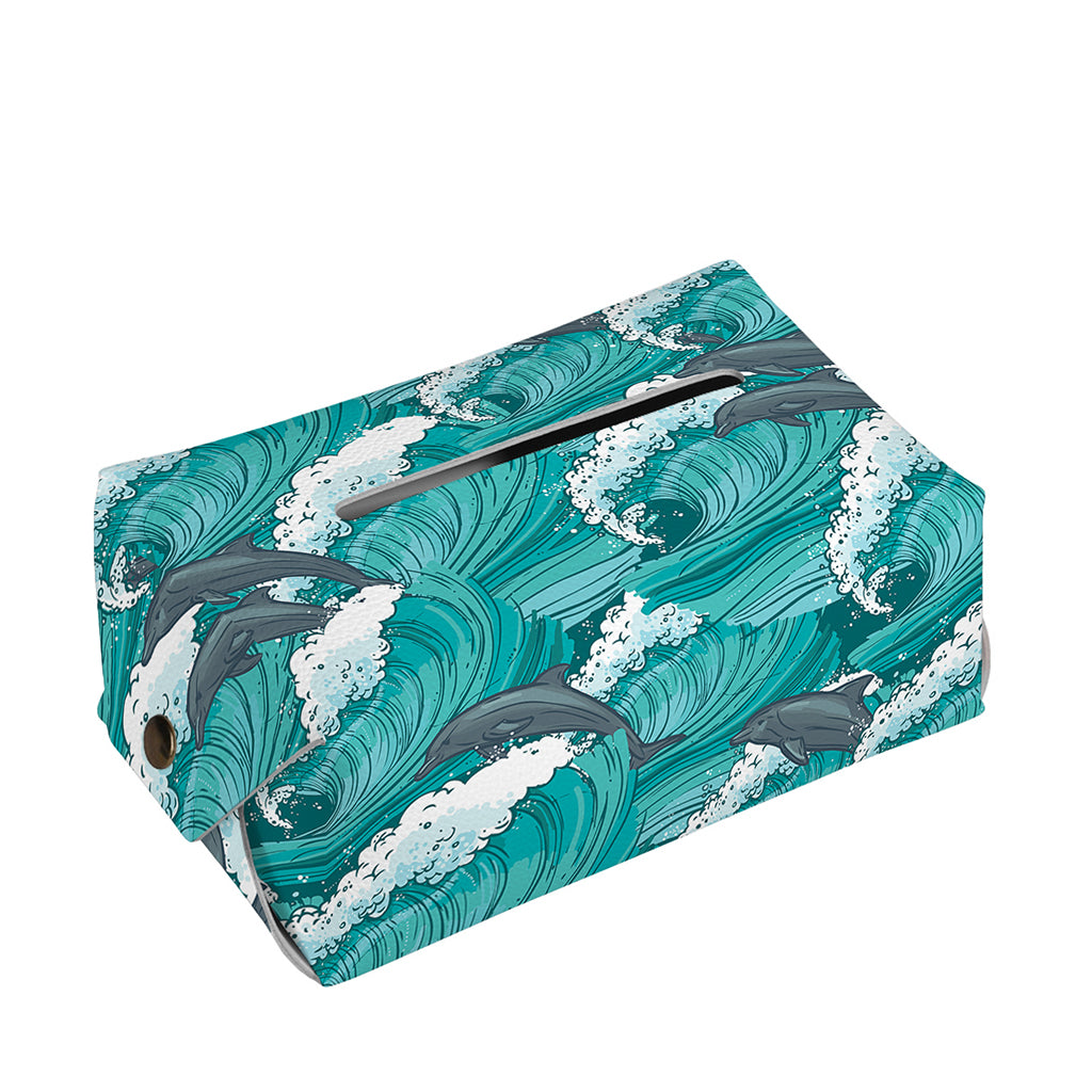 Dolphin Riding Waves Pattern Print Rectangle Tissue Box Cover