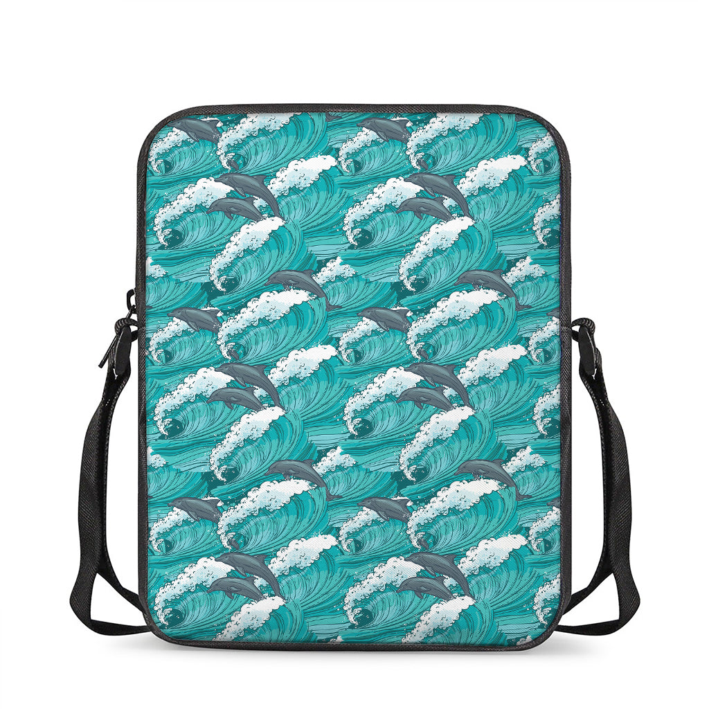 Dolphin Riding Waves Pattern Print Rectangular Crossbody Bag