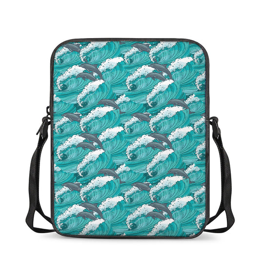 Dolphin Riding Waves Pattern Print Rectangular Crossbody Bag
