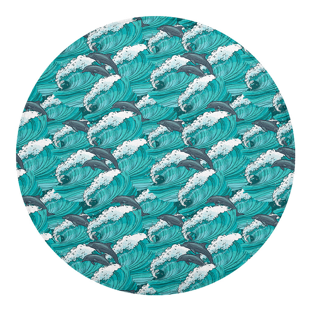Dolphin Riding Waves Pattern Print Round Blanket