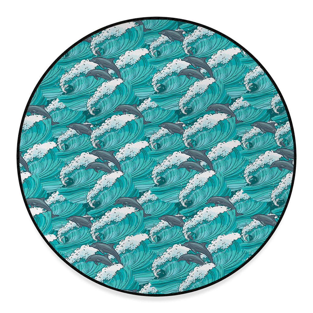 Dolphin Riding Waves Pattern Print Round Floor Mat