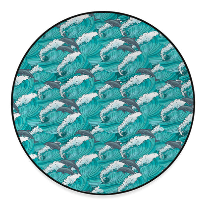 Dolphin Riding Waves Pattern Print Round Floor Mat