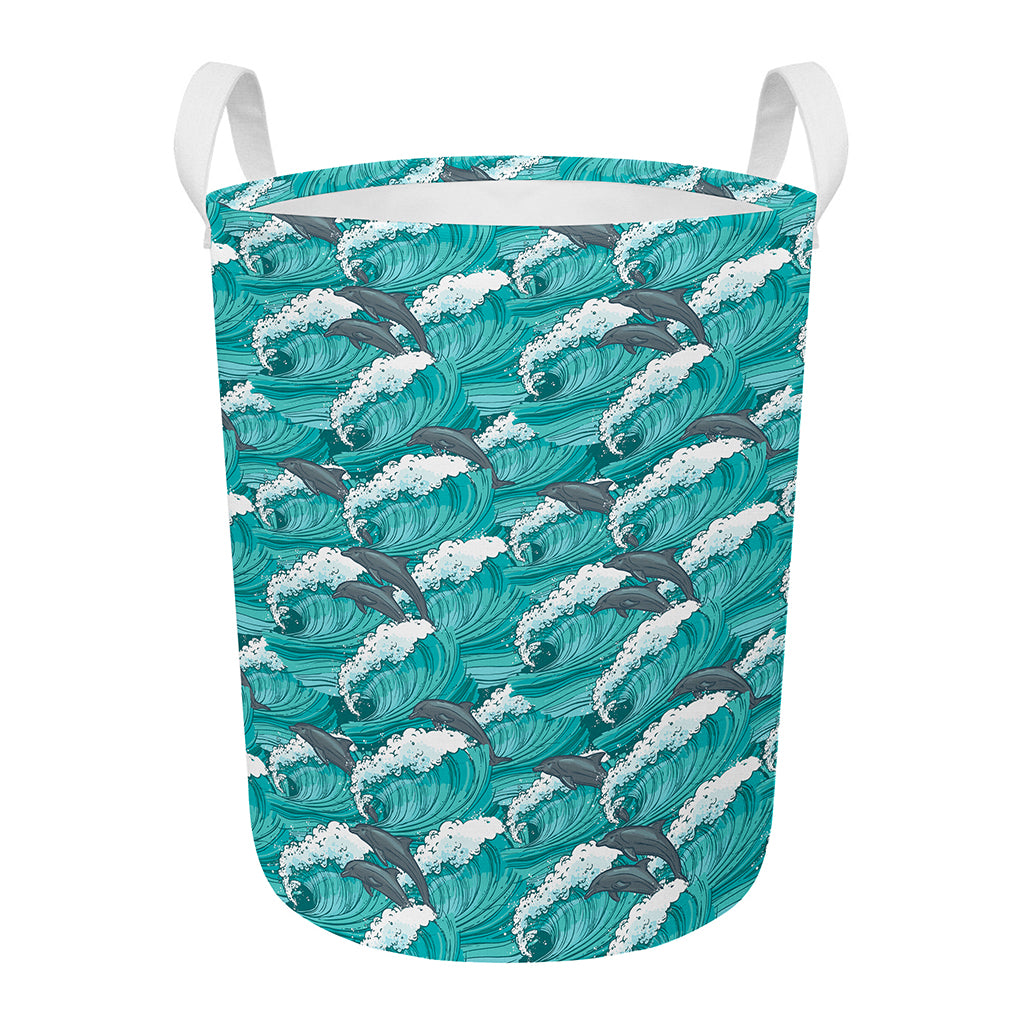 Dolphin Riding Waves Pattern Print Round Laundry Basket