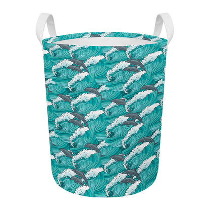 Dolphin Riding Waves Pattern Print Round Laundry Basket
