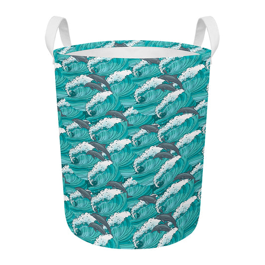 Dolphin Riding Waves Pattern Print Round Laundry Basket