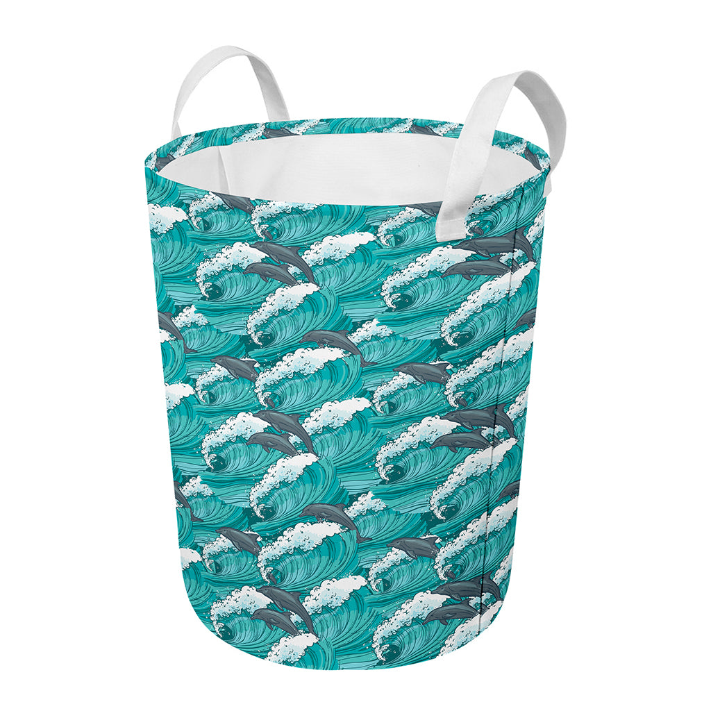 Dolphin Riding Waves Pattern Print Round Laundry Basket