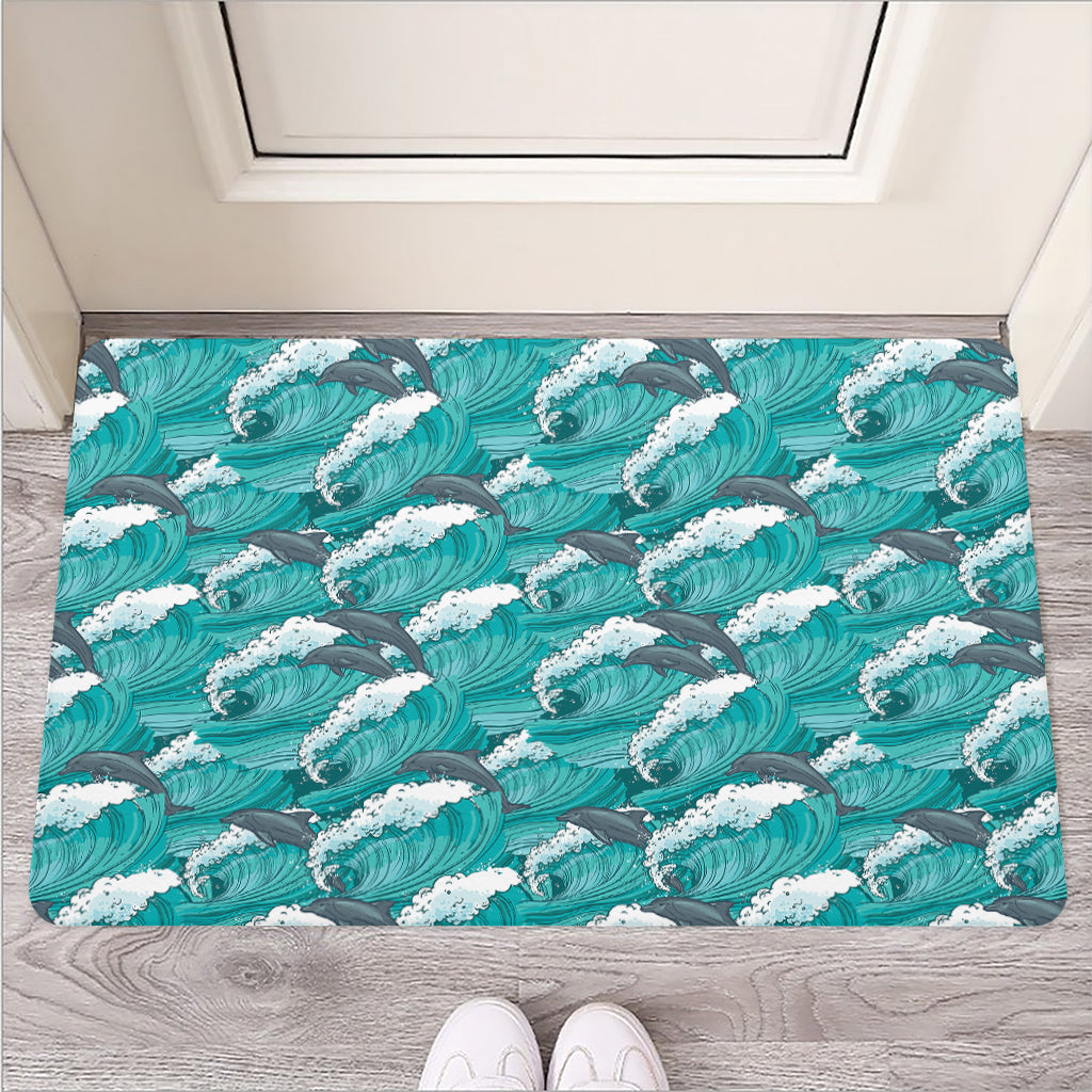 Dolphin Riding Waves Pattern Print Rubber Doormat