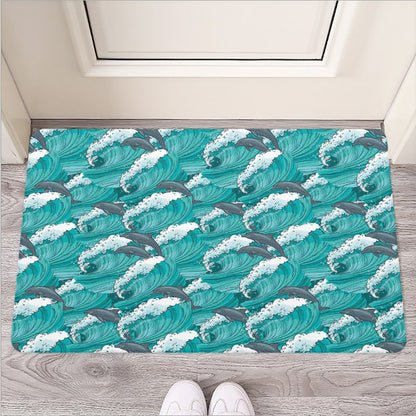 Dolphin Riding Waves Pattern Print Rubber Doormat