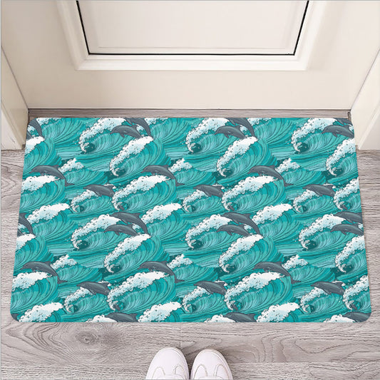 Dolphin Riding Waves Pattern Print Rubber Doormat