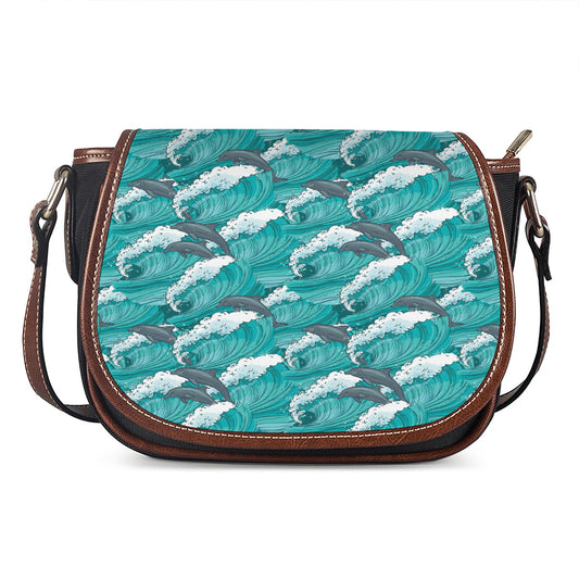 Dolphin Riding Waves Pattern Print Saddle Bag