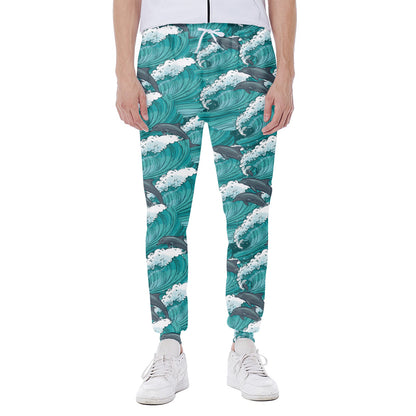 Dolphin Riding Waves Pattern Print Scuba Joggers