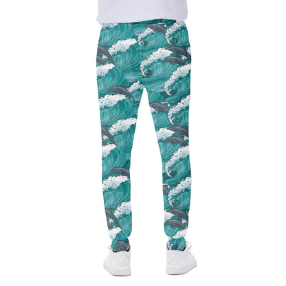 Dolphin Riding Waves Pattern Print Scuba Joggers