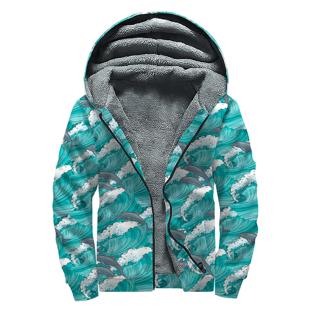 Dolphin Riding Waves Pattern Print Sherpa Lined Zip Up Hoodie