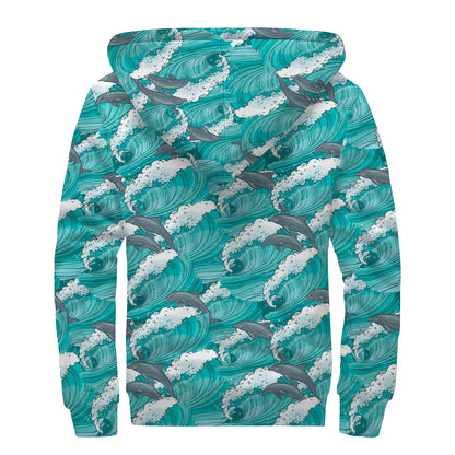 Dolphin Riding Waves Pattern Print Sherpa Lined Zip Up Hoodie