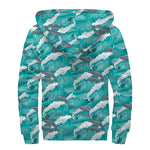 Dolphin Riding Waves Pattern Print Sherpa Lined Zip Up Hoodie