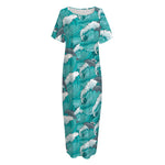 Dolphin Riding Waves Pattern Print Short Sleeve Long Nightdress