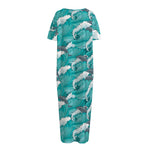 Dolphin Riding Waves Pattern Print Short Sleeve Long Nightdress