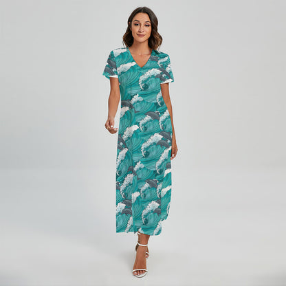 Dolphin Riding Waves Pattern Print Short Sleeve Maxi Dress