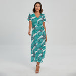 Dolphin Riding Waves Pattern Print Short Sleeve Maxi Dress