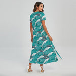 Dolphin Riding Waves Pattern Print Short Sleeve Maxi Dress