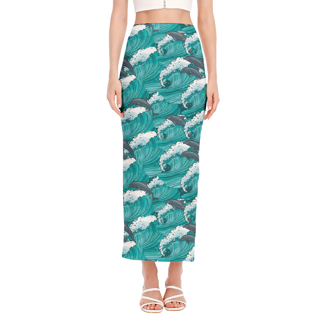 Dolphin Riding Waves Pattern Print Side Slit Maxi Skirt