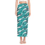 Dolphin Riding Waves Pattern Print Side Slit Maxi Skirt