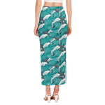Dolphin Riding Waves Pattern Print Side Slit Maxi Skirt