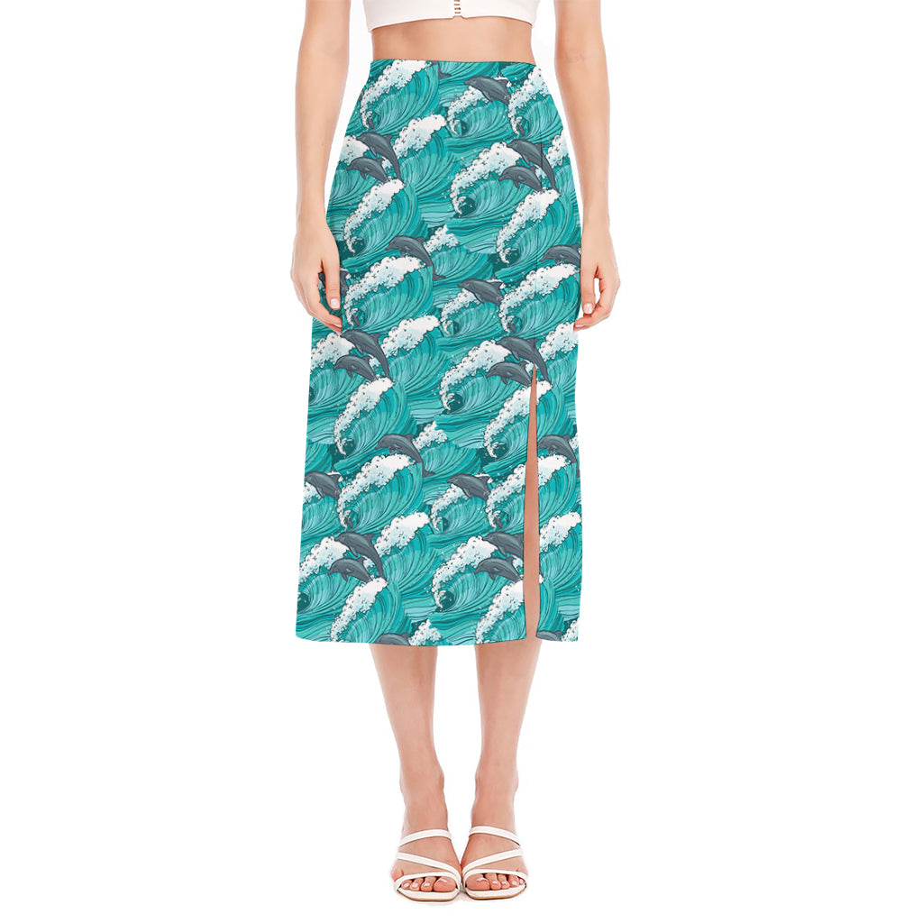 Dolphin Riding Waves Pattern Print Side Slit Midi Skirt
