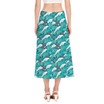 Dolphin Riding Waves Pattern Print Side Slit Midi Skirt