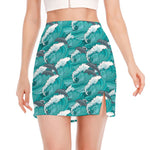 Dolphin Riding Waves Pattern Print Side Slit Mini Skirt