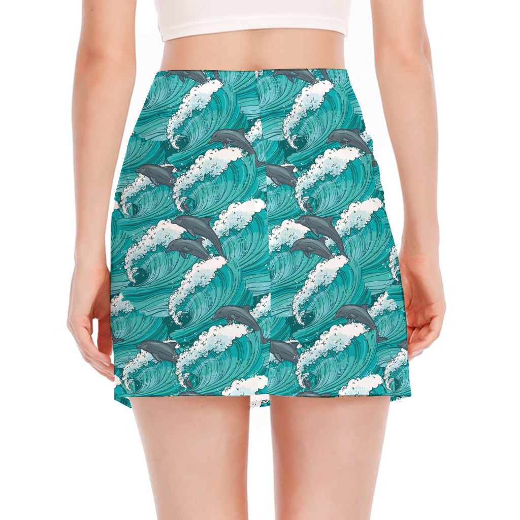 Dolphin Riding Waves Pattern Print Side Slit Mini Skirt