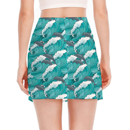 Dolphin Riding Waves Pattern Print Side Slit Mini Skirt