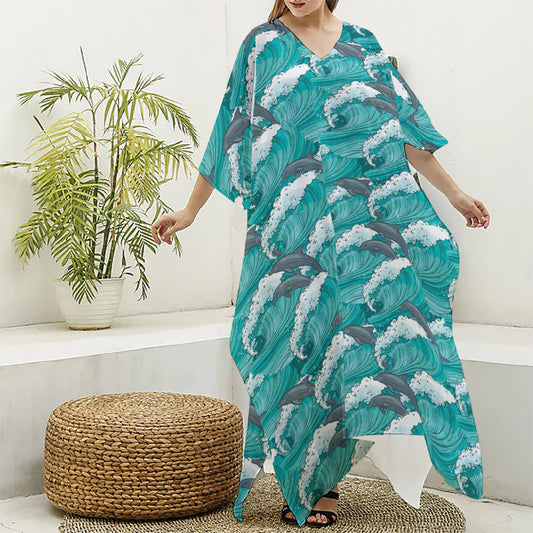 Dolphin Riding Waves Pattern Print Silk V-Neck Kaftan Dress