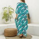 Dolphin Riding Waves Pattern Print Silk V-Neck Kaftan Dress