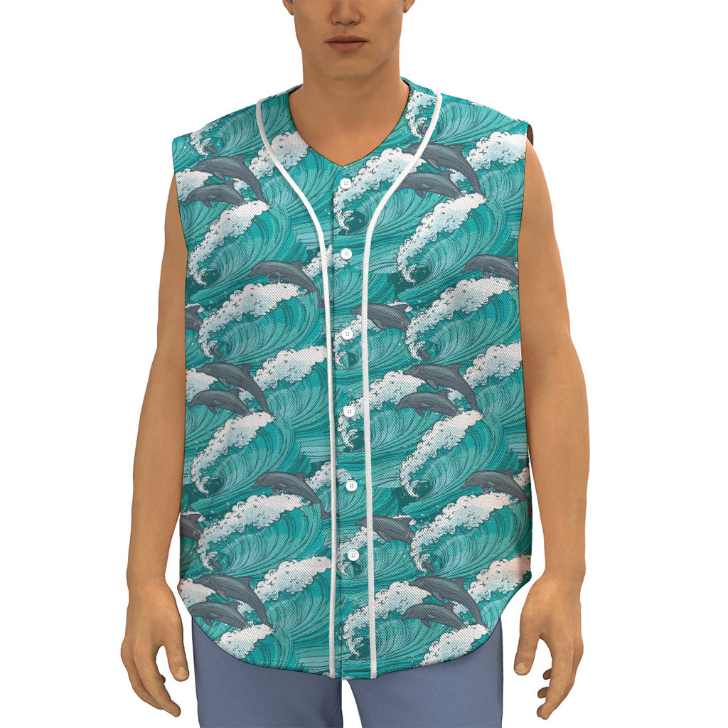 Dolphin Riding Waves Pattern Print Sleeveless Baseball Jersey