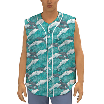 Dolphin Riding Waves Pattern Print Sleeveless Baseball Jersey