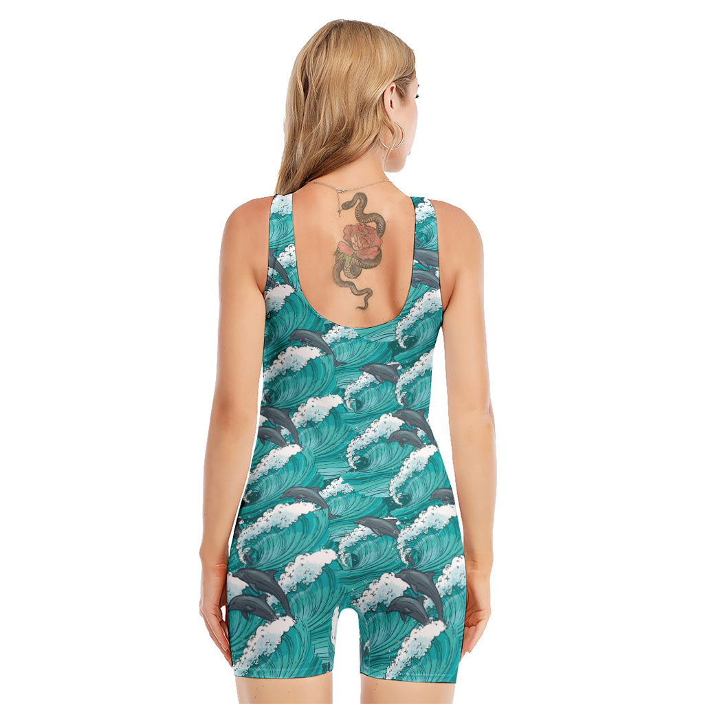 Dolphin Riding Waves Pattern Print Sleeveless One Piece Swimsuit