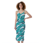 Dolphin Riding Waves Pattern Print Slim Fit Midi Cami Dress