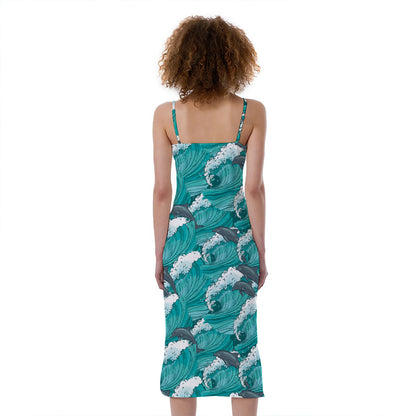 Dolphin Riding Waves Pattern Print Slim Fit Midi Cami Dress