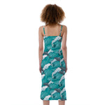 Dolphin Riding Waves Pattern Print Slim Fit Midi Cami Dress