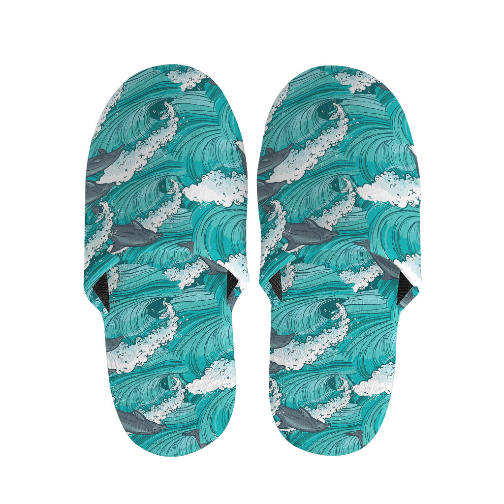 Dolphin Riding Waves Pattern Print Slippers