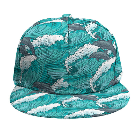 Dolphin Riding Waves Pattern Print Snapback Cap